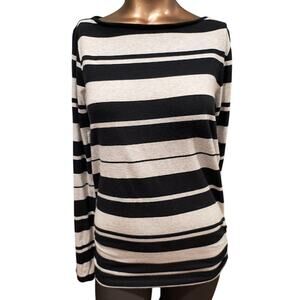 Calvin Klein Striped Tab Sleeve Top w/Ruched Sides, Blk/Lt Gray,‎ Sz S